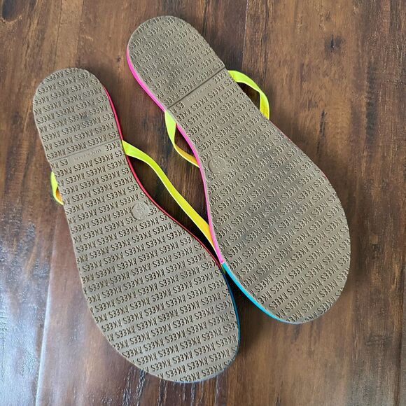 TKEES Neon Tips Flip Flop Sandals Pink Blue Leather Thong - Picture 8 of 9